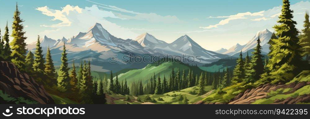 Watercolor painting of beautiful mountains, mountain peak landscape with forest. Panorama banner. Generative AI