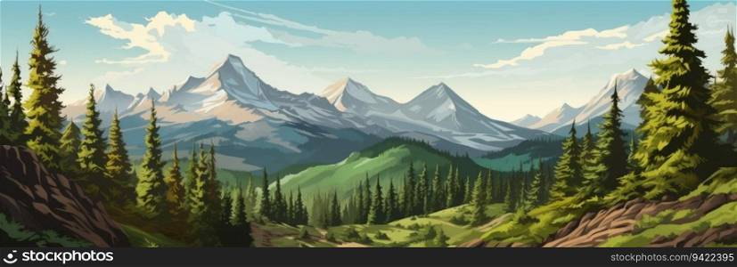 Watercolor painting of beautiful mountains, mountain peak landscape with forest. Panorama banner. Generative AI