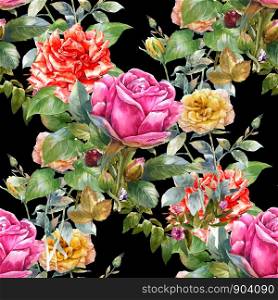 Watercolor painting of leaf and flowers,rose, seamless pattern on dark background