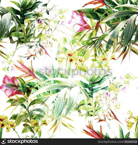 Watercolor painting of leaf and flowers, seamless pattern on white background