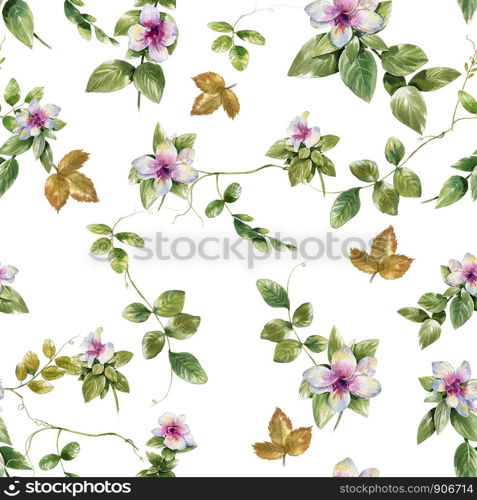 Watercolor painting of leaf and flowers, seamless pattern on white background