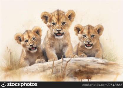 Watercolor painting of lion cubs on a white background