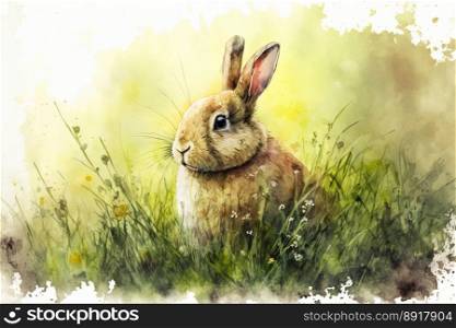 Watercolor painting of rabbit in grass.