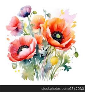 Watercolor painting of red poppies on white background. Generative AI