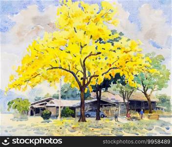 Watercolor painting original landscape yellow, orange color of golden tree flowers front house in sky and cloud background