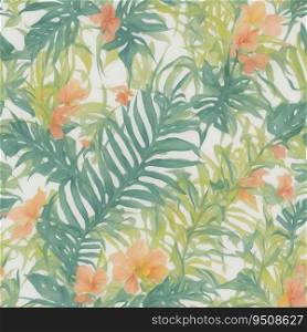 Watercolor painting pattern with tropical leaves and flowers, pastel colors