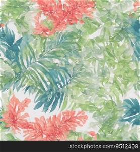 Watercolor painting pattern with tropical leaves and flowers, pastel colors