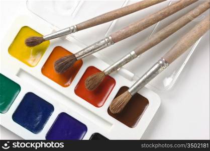 watercolor paints and art brushes