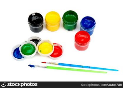 watercolor paints and brushes isolated on white background