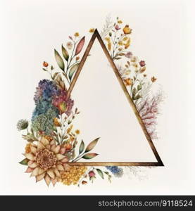 Watercolor pastel colorful drawing in triangle shape decorate with dried various flowers frame. Finest generative AI.. Watercolor pastel colorful drawing in triangle shape.