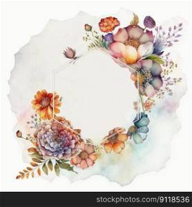 Watercolor pastel colorful floral drawing in hexagon made from dried flowers in shape concept. Finest generative AI.. Watercolor pastel floral hexagon drawing made from dried flower.
