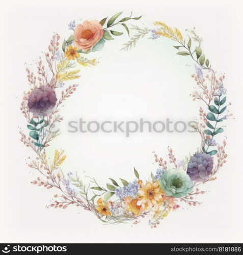 Watercolor pastel colorful floral wreath. Drawing in circle made from dried flowers in circle crown shape concept. Finest generative AI.. Watercolor pastel floral wreath drawing in circle made from dried flower.