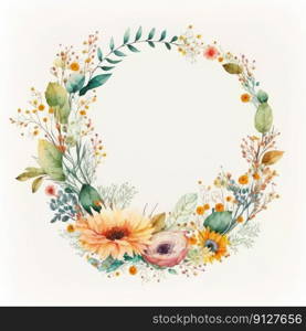Watercolor pastel colorful floral wreath. Drawing in circle made from dried flowers in circle crown shape concept. Finest generative AI.. Watercolor pastel floral wreath drawing in circle made from dried flower.