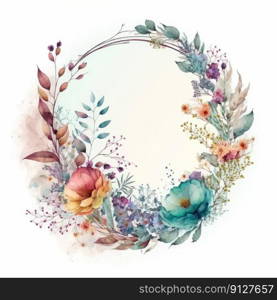 Watercolor pastel colorful floral wreath. Drawing in circle made from dried flowers in circle crown shape concept. Finest generative AI.. Watercolor pastel floral wreath drawing in circle made from dried flower.