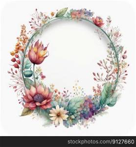 Watercolor pastel colorful floral wreath. Drawing in circle made from dried flowers in circle crown shape concept. Finest generative AI.. Watercolor pastel floral wreath drawing in circle made from dried flower.