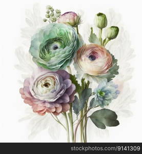 Watercolor pastel ranunculus flower, created with generative AI