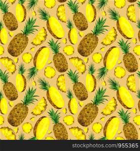 Watercolor pattern pineapples on a beige background. Seamless pattern of bright yellow fruits. For the design of textiles, clothing, notebooks.