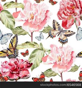 watercolor pattern with beautiful butterflies and peony flowers.. watercolor pattern with beautiful butterflies and peony flowers. Illustration