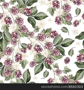 Watercolor pattern with berries and blackberry leaves. Illustration. Watercolor pattern with berries and blackberry leaves. 