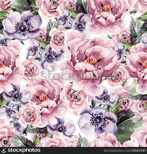 Watercolor pattern with flowers anemon, peonies,roses,  buds and petals. Illustration. Watercolor pattern with flowers anemon, peonies,roses,  buds and petals.
