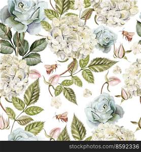 Watercolor pattern with flowers hydrangeas and roses. Illustration.. Watercolor pattern with flowers hydrangeas and roses. 