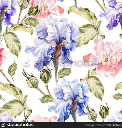 Watercolor pattern with flowers iris, peonies, roses, buds and p. Watercolor pattern with flowers iris, peonies, roses, buds and petals.. Watercolor pattern with flowers iris, peonies, roses, buds and petals. Illustration