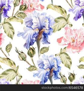 Watercolor pattern with flowers iris, peonies, roses, buds and p. Watercolor pattern with flowers iris, peonies, roses, buds and petals.. Watercolor pattern with flowers iris, peonies, roses, buds and petals. Illustration