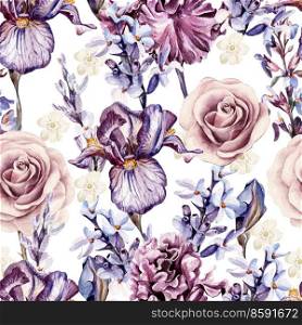 Watercolor pattern with flowers of iris, rose and lavender. Illustration. Watercolor pattern with flowers of iris, rose and lavender.