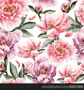 Watercolor pattern with flowers, peonies,roses,  buds and petals. Illustration. Watercolor pattern with flowers, peonies,roses,  buds and petals.
