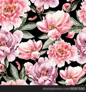 Watercolor pattern with flowers, peonies,roses,  buds and petals. Illustration. Watercolor pattern with flowers, peonies,roses,  buds and petals.