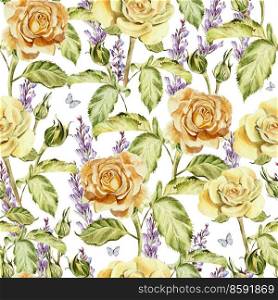 Watercolor pattern with flowers roses, buds and lavender. Illustration. Watercolor pattern with flowers roses, buds and lavender.