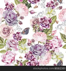Watercolor pattern with flowers roses, peonies, petunias, blackberries and blueberries. Illustration. Watercolor pattern with flowers roses, peonies, petunias, blackberries and blueberries. 