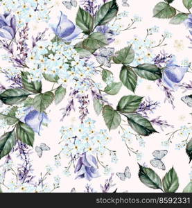 Watercolor pattern with forget-me, eustomiya, lavender flowers. Illustration. Watercolor pattern with forget-me, eustomiya, lavender flowers. 
