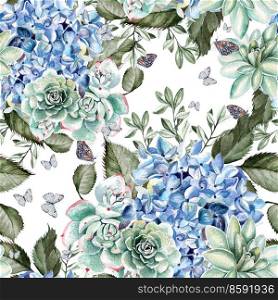 Watercolor pattern with hydrangea , succulents and butterflies . Hand drawn.