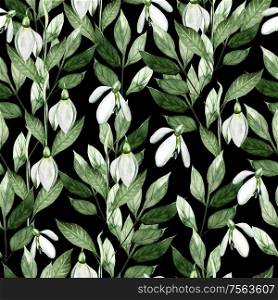 Watercolor pattern with leaves and snowdrops flowers. Illustration. Watercolor pattern with leaves and snowdrops flowers.