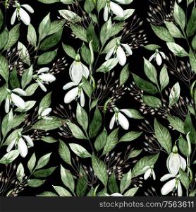 Watercolor pattern with leaves and snowdrops flowers. Illustration. Watercolor pattern with leaves and snowdrops flowers.