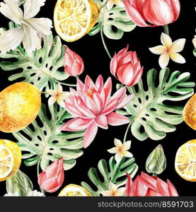 Watercolor pattern with lotus and lemons. Illustration. Watercolor pattern with lotus and lemons.