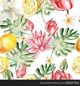 Watercolor pattern with lotus and lemons. Illustration. Watercolor pattern with lotus and lemons.