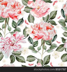 Watercolor pattern with peony and flowers. Illustrations. Watercolor pattern with peony and flowers.