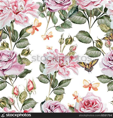 Watercolor pattern with peony and roses flowers. Illustrations. Watercolor pattern with peony and roses flowers.