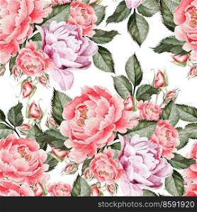 Watercolor pattern with peony flowers and roses . Illustration