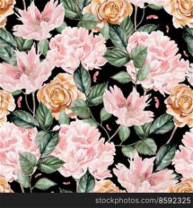 Watercolor pattern with peony flowers and roses. Illustration. Watercolor pattern with peony flowers and roses. 