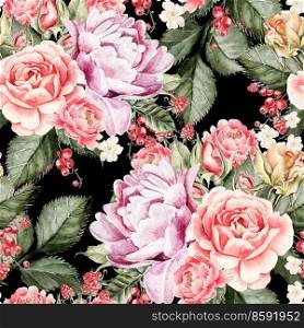 Watercolor pattern with peony flowers, roses and berry. Illustration. Watercolor pattern with peony flowers, roses and berry. 