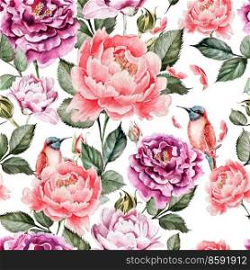 Watercolor pattern with peony flowers , roses and bird . Illustration