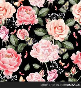 Watercolor pattern with peony flowers, roses and wild flowers. Illustration. Watercolor pattern with peony flowers, roses and wild flowers.
