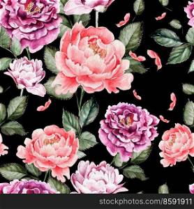 Watercolor pattern with peony flowers , roses. Illustration