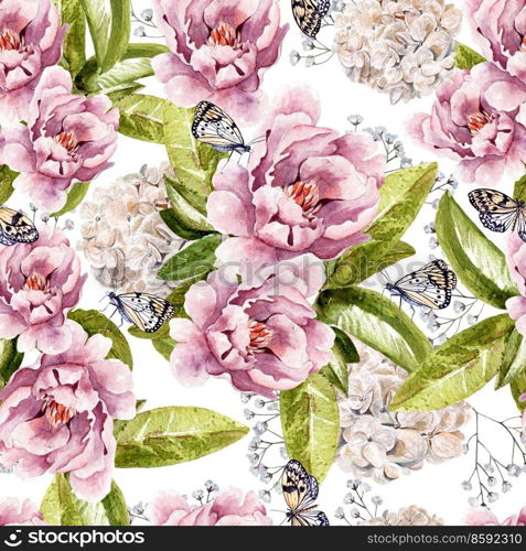 Watercolor pattern with peony flowers, succulents, wildflowers and butterflies. Illustration. Watercolor pattern with peony flowers, succulents, wildflowers and butterflies. 