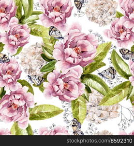 Watercolor pattern with peony flowers, succulents, wildflowers and butterflies. Illustration. Watercolor pattern with peony flowers, succulents, wildflowers and butterflies. 