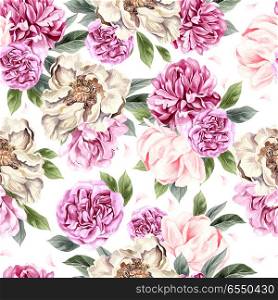 Watercolor pattern with peony flowers . . Watercolor pattern with peony flowers . Illustration