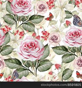 Watercolor pattern with roses and currants. Illustration. Watercolor pattern with roses and currants.